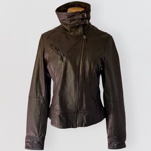 AllSaints Brown Leather Moto Turtleneck Jacket 10